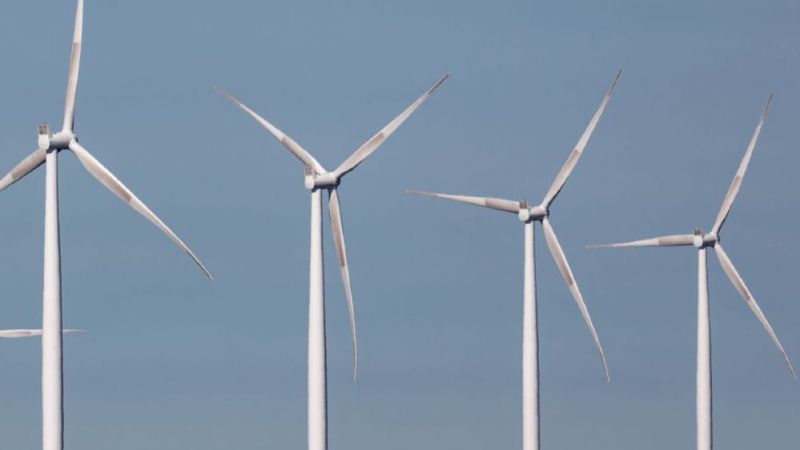 Das Bild zeigt mehrere Windenergieanlagen vor blauem Himmel auf See.