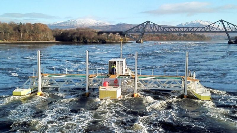 SIT turbines (Schottel Instream Turbine) on a floating platform operating in Scotland