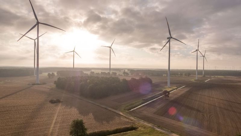 Mehrere Windenergieanlagen in Brandenburg bei Sonnenaufgang.
