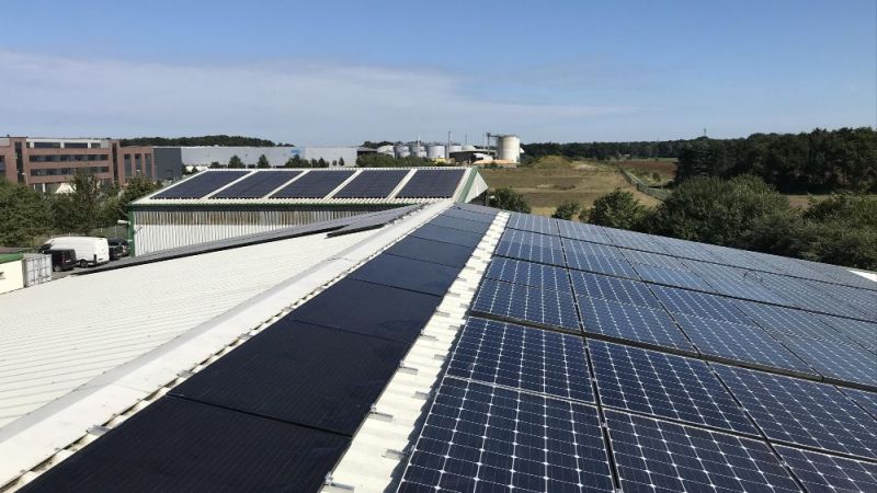 Gebrauchte Photovoltaikmodule auf dem Firmengebäude des Umweltdienstleisters buhck Gruppe. 2nd Life Solar GmbH ist Teil der buhck Gruppe.