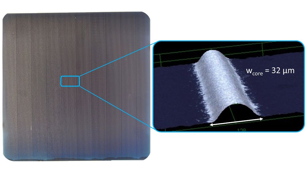 Das Foto zeigt eine quadratische Heterojunction-Solarzelle mit Vordereitenmetallisierung, die sich wie feine Linien über die Oberfläche der Heterojunction-Solarzelle ziehen, hergestellt mit dem Glasfolien-Dispensingprozess - Bild rechts: 3D-Mikroskopaufnahme eines dispensierten halbrunden 32 Mikrometer schmalen Kontakts.