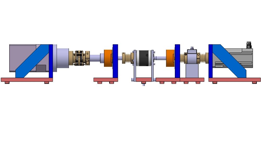 CAD-Modell des Teststands. In der Mitte befindet sich das Getriebe.