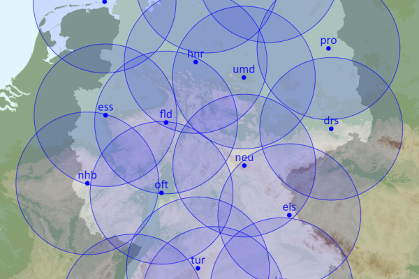 Deutschlandkarte mit den 17 Standorten der Wetterradare des Deustchen Wetterdienstes. Die Radare decken die ganze Karte ab.