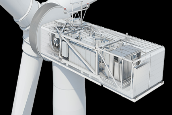 Schema der Gondel einer ENERCON-Windenergieanlage.