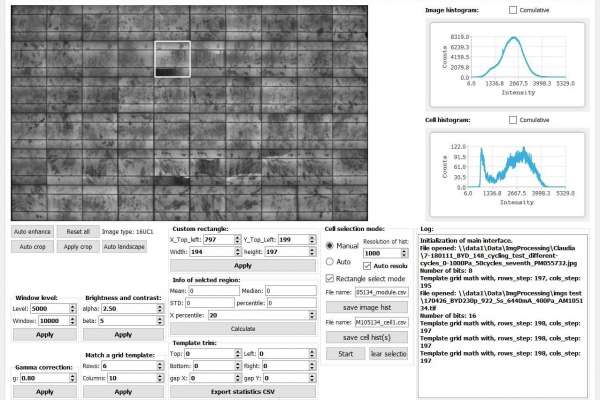 Screenshot der entwickelten Software zur Auswertung von Elektrolumineszenz-​Aufnahmen