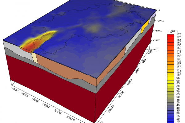 3D-Modell von Hessen mit konduktiv modellierter Temperatur an der Oberkante des Grundgebirges