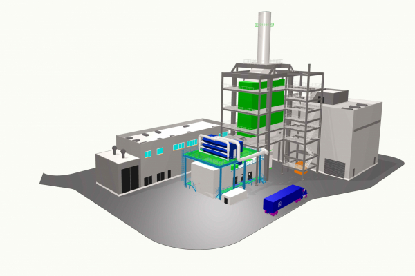 3D illustration showing the power conversion system in a liquid air energy storage plant. In this LAES variant, a gas turbine is used to increase the efficiency of the power generation.