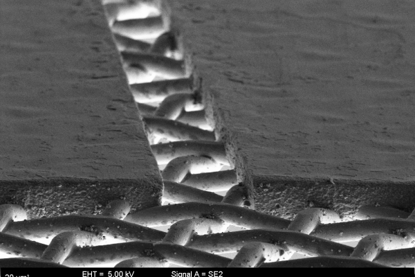 Das Foto zeigt eine Rasterelektronenmikroskop-Aufnahme eines Feinlinien-Siebkanals.