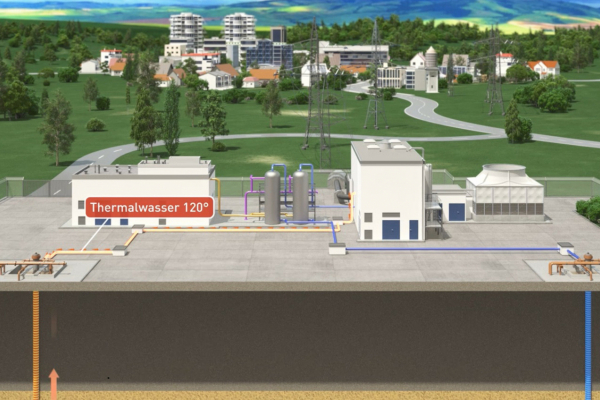 The Bruchsal geothermal power plant with reactors for lithium extraction. (illustration)