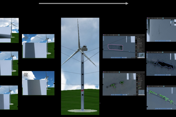 Die Bilder demonstrieren die Datenübertragung von bestimmten Referenzbereichen vom Virtual Twin (in der Mitte, Bilder links) zur online-Plattform (Bilder rechts). Die Daten stammen aus ersten Feldtests in einem Onshore Windpark.